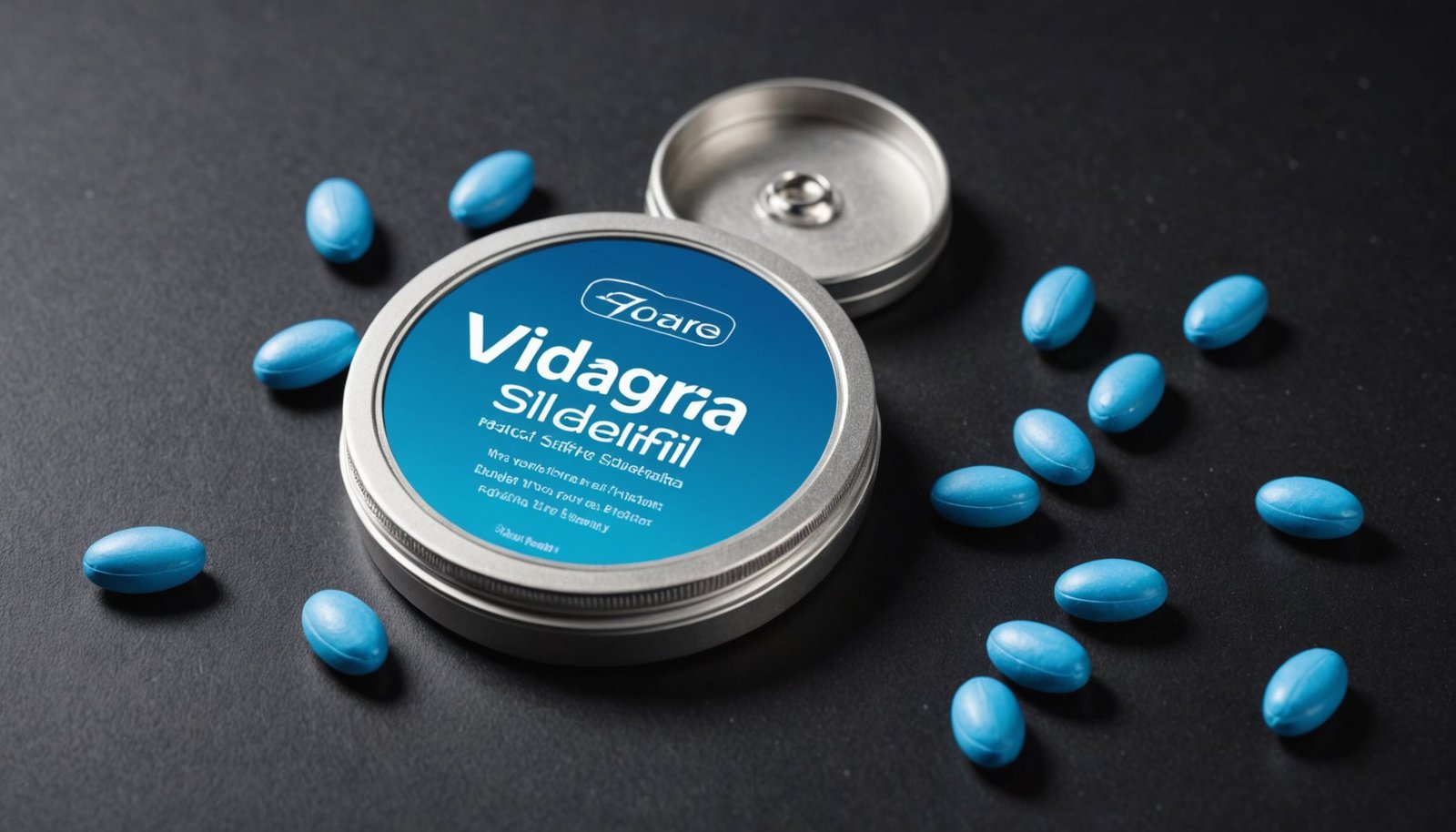 Educational illustration of Viagra (sildenafil) tablets with icons representing heart safety, blood flow, and medical guidance