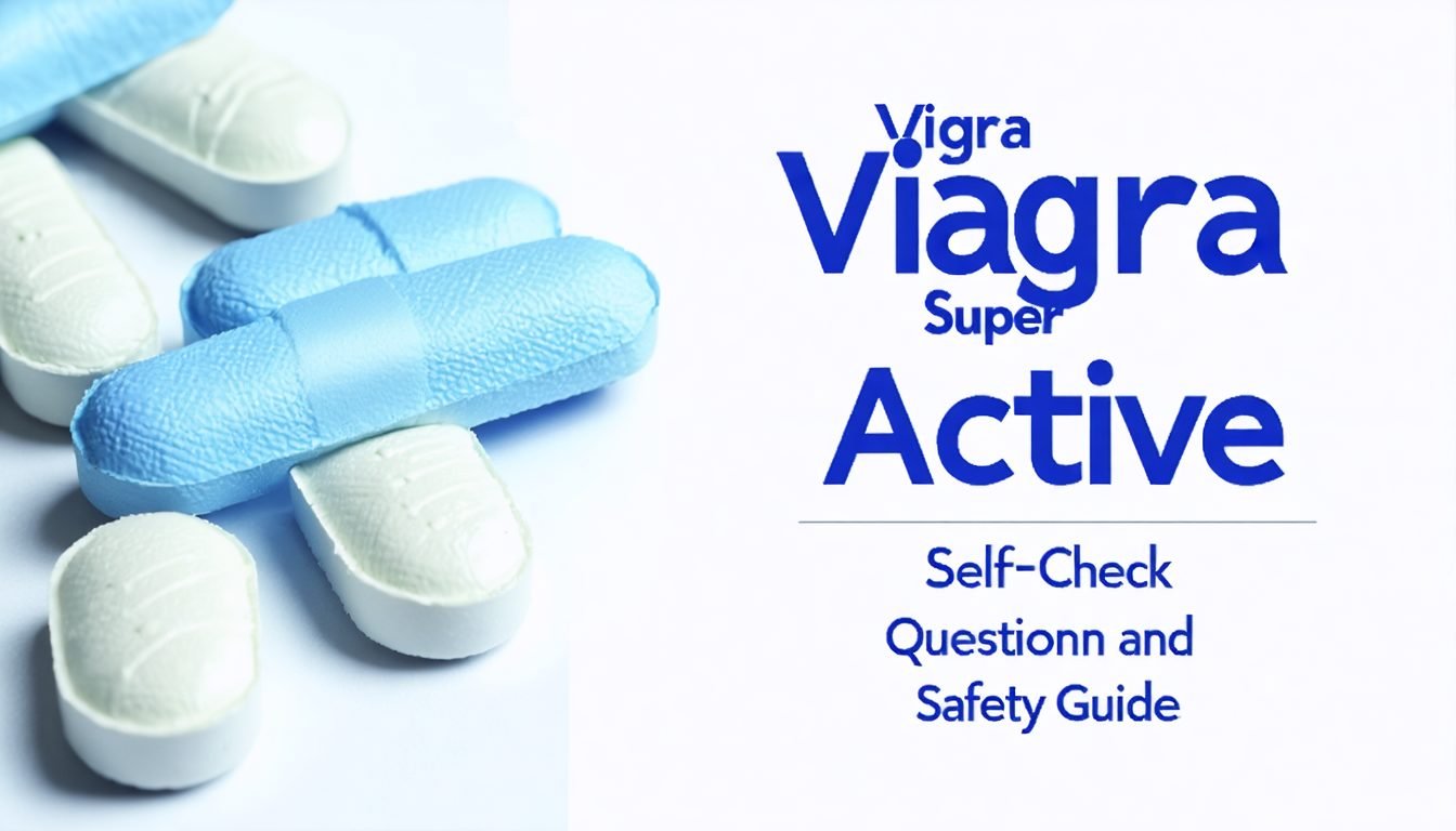 Viagra Super Active softgel capsules with medical questionnaire checklist and pen on table