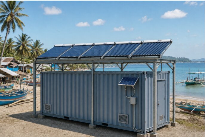 MTD solar-thermal ammonia absorption ice system with elevated five-panel thermal array